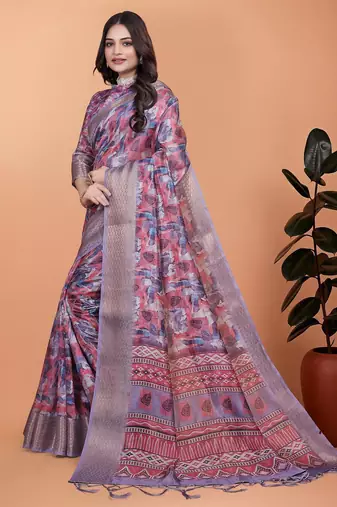 Peach printed art silk designer pallu saree