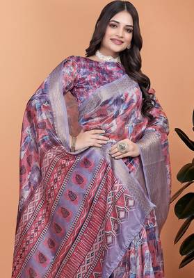 Peach printed art silk designer pallu saree 4