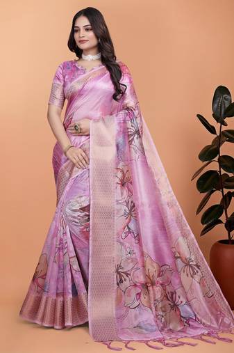 Baby pink printed art silk designer pallu saree