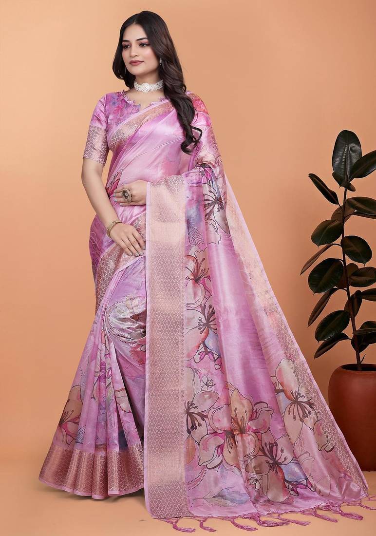 Baby pink printed art silk designer pallu saree