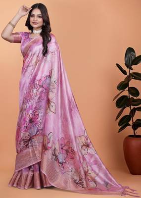 Baby pink printed art silk designer pallu saree 2