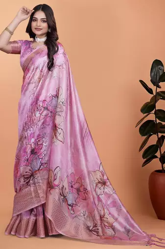 Baby pink printed art silk designer pallu saree