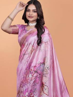 Baby pink printed art silk designer pallu saree 4