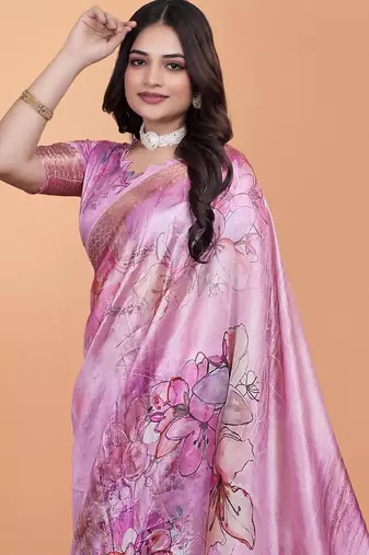 Baby pink printed art silk designer pallu saree