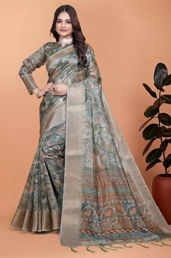Grey printed art silk designer pallu saree