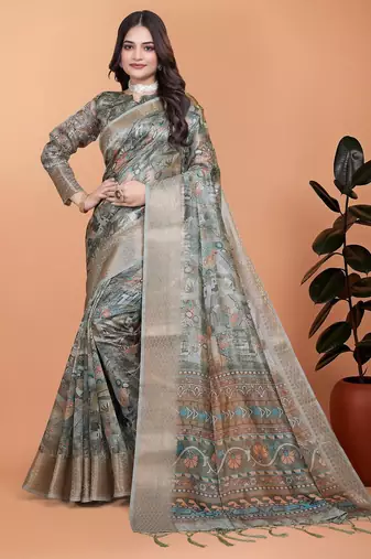 Grey printed art silk designer pallu saree