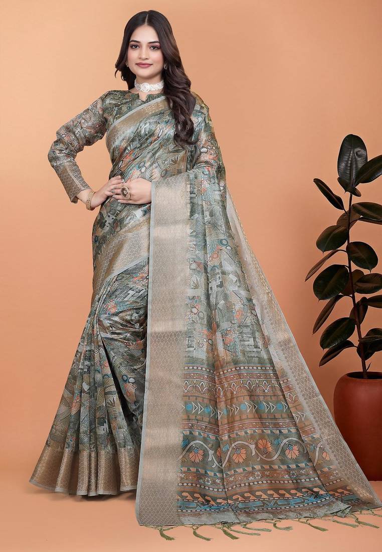 Grey printed art silk designer pallu saree