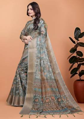 Grey printed art silk designer pallu saree 2