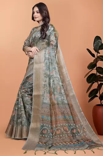 Grey printed art silk designer pallu saree