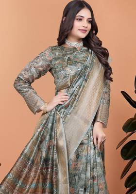 Grey printed art silk designer pallu saree 4