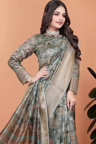 Grey printed art silk designer pallu saree