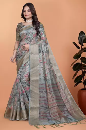 Grey printed art silk designer pallu saree