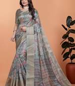 Grey printed art silk designer pallu saree