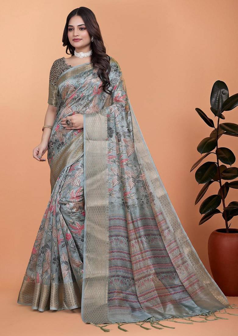 Grey printed art silk designer pallu saree