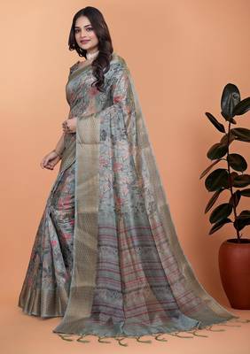 Grey printed art silk designer pallu saree 2