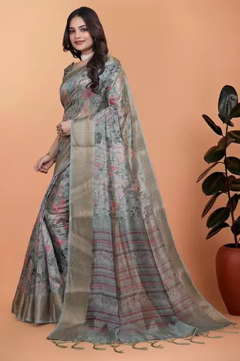 Grey printed art silk designer pallu saree