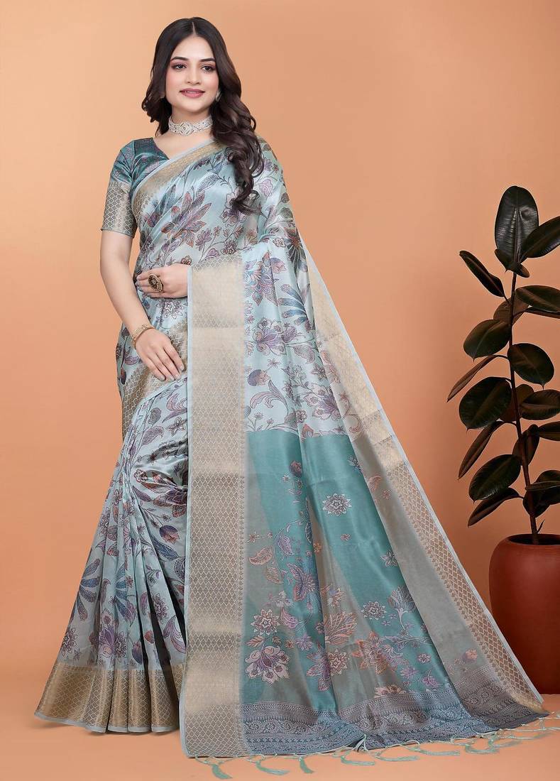Sky blue printed art silk designer pallu saree