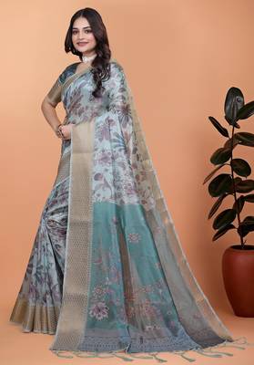 Sky blue printed art silk designer pallu saree 2