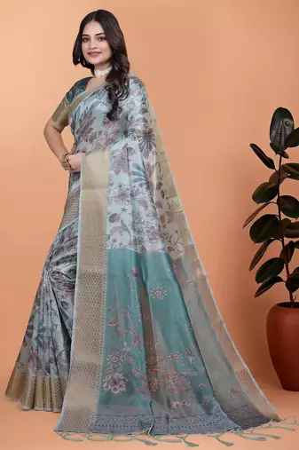 Sky blue printed art silk designer pallu saree