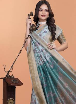 Sky blue printed art silk designer pallu saree 4