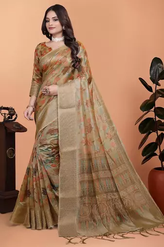 Golden printed art silk designer pallu saree