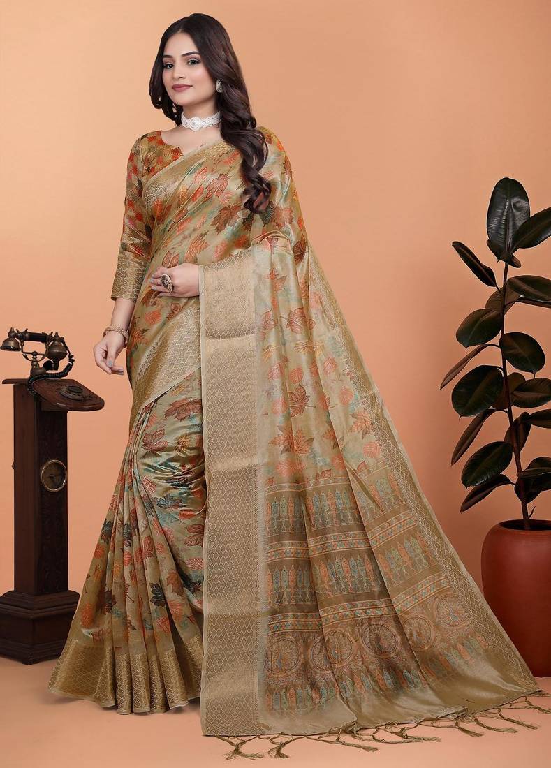 Golden printed art silk designer pallu saree