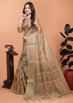 Golden printed art silk designer pallu saree 2