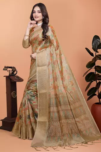 Golden printed art silk designer pallu saree