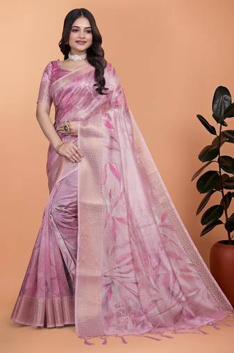 Baby pink printed art silk designer pallu saree