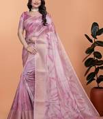 Baby pink printed art silk designer pallu saree