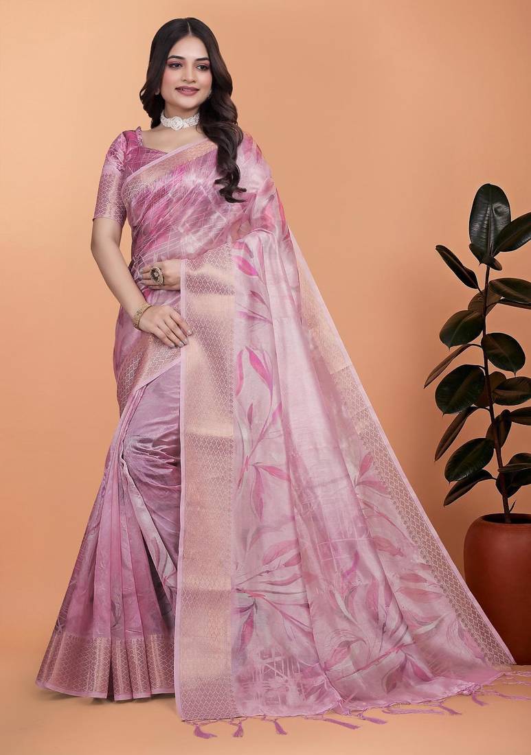 Baby pink printed art silk designer pallu saree