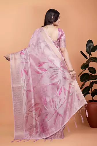 Baby pink printed art silk designer pallu saree