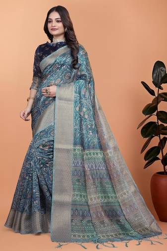 Teal printed art silk designer pallu saree