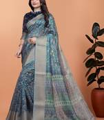 Teal printed art silk designer pallu saree