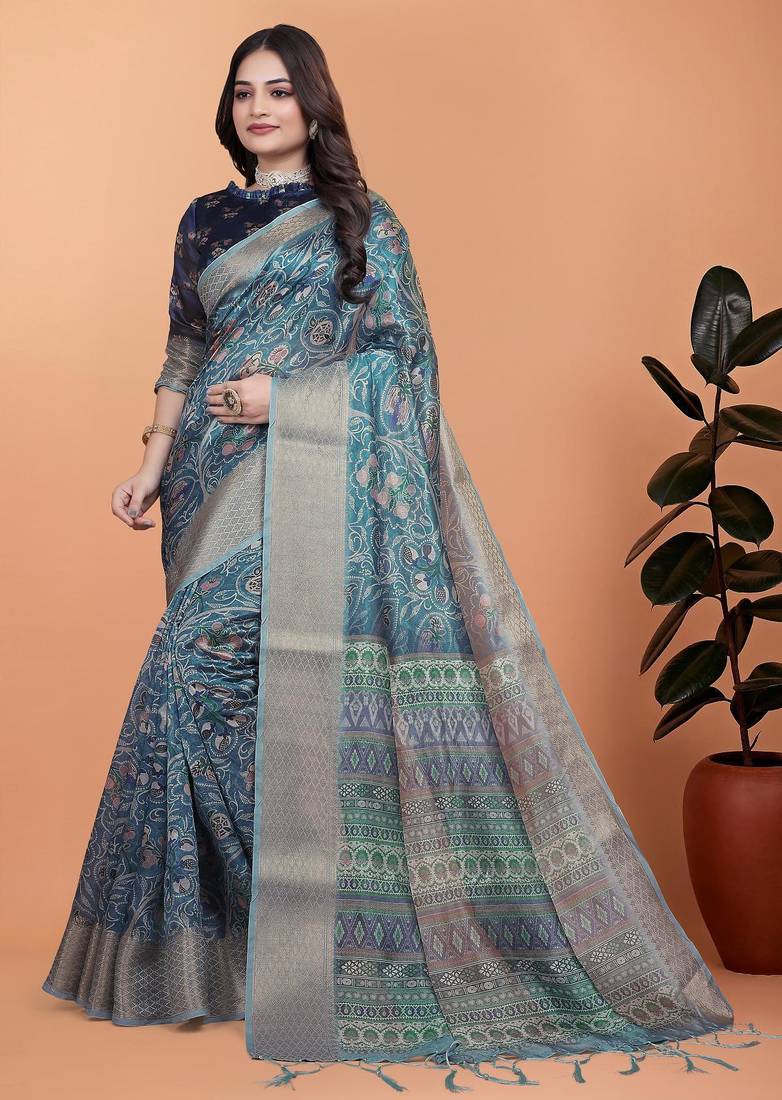Teal printed art silk designer pallu saree