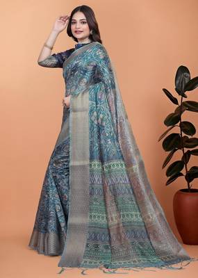 Teal printed art silk designer pallu saree 2
