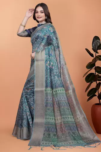 Teal printed art silk designer pallu saree