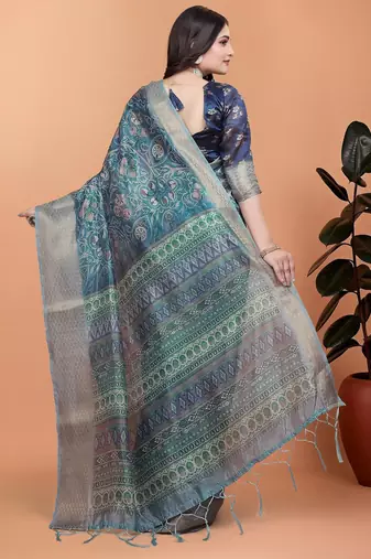 Teal printed art silk designer pallu saree