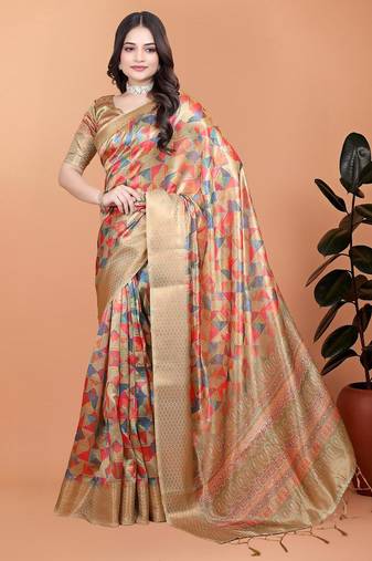 Cream printed art silk designer pallu saree