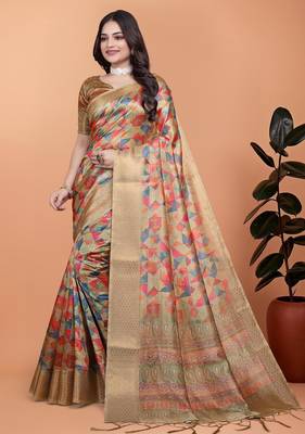 Cream printed art silk designer pallu saree 2