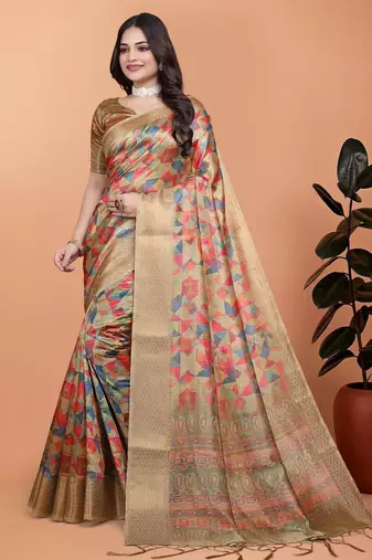 Cream printed art silk designer pallu saree