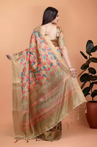 Cream printed art silk designer pallu saree