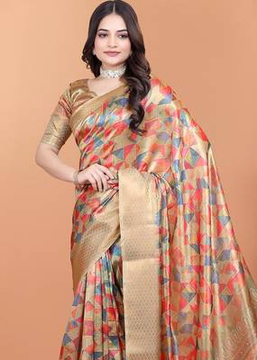 Cream printed art silk designer pallu saree 4