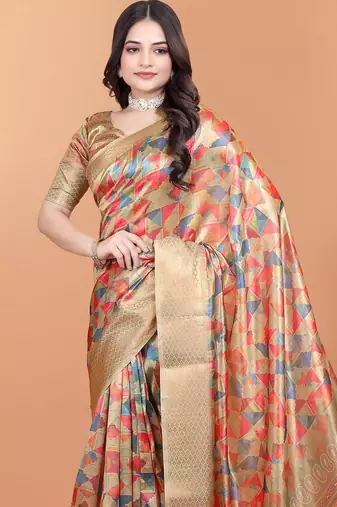 Cream printed art silk designer pallu saree