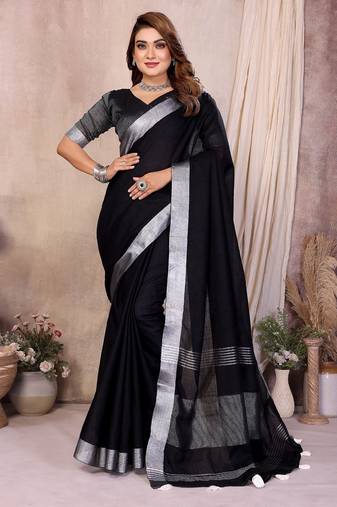 Black linen cotton silver zari border saree with un-stitched blouse