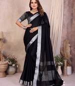 Black color linen cotton silver zari border saree with un-stitched blouse