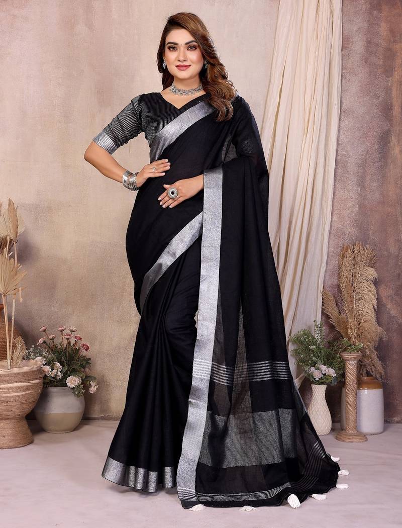 Black color linen cotton silver zari border saree with un-stitched blouse