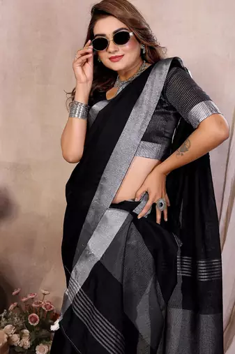 Black color linen cotton silver zari border saree with un-stitched blouse