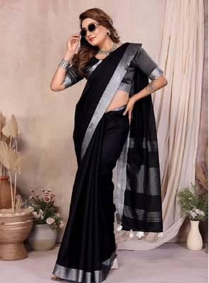 Black linen cotton silver zari border saree with un-stitched blouse 3