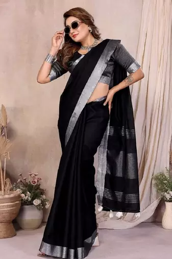 Black color linen cotton silver zari border saree with un-stitched blouse